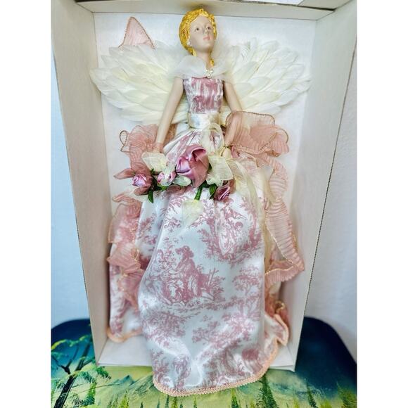 Vintage Pink Angel Tree Topper Porcelain Face And Hands With Feather Wings - Picture 2 of 8